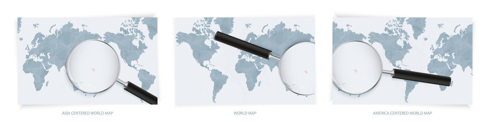 Blue Abstract World Maps with magnifying glass on map of Marshall Islands with the national flag of Marshall Islands. Three version of World Map. vector