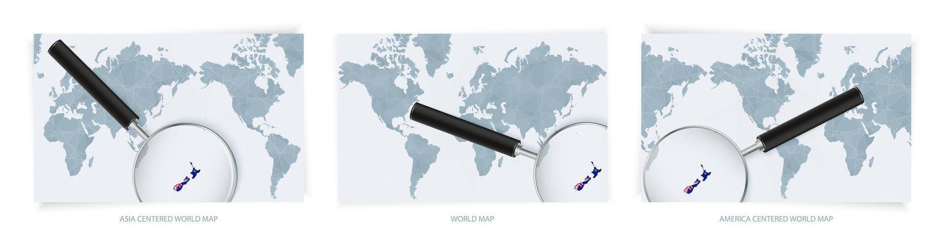 Blue Abstract World Maps with magnifying glass on map of New Zealand with the national flag of New Zealand. Three version of World Map. vector