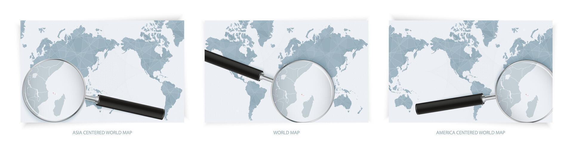 Blue Abstract World Maps with magnifying glass on map of Comoros with the national flag of Comoros. Three version of World Map. vector