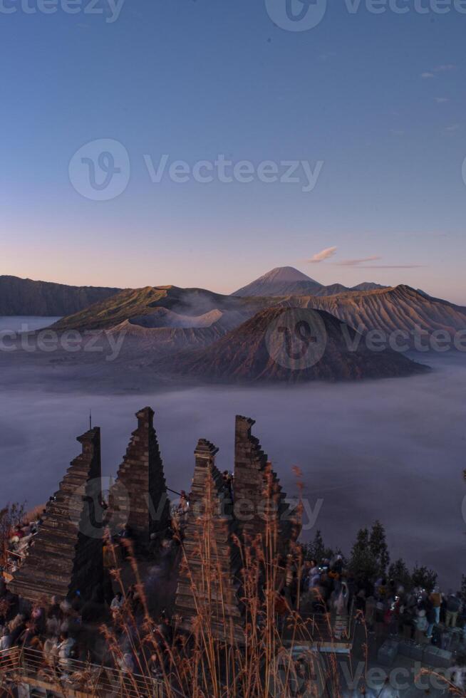 Beautiful view of Bromo Tengger Semeru National Park from Seruni view point, also known as The Great Wall of Seruni Point Peak. photo