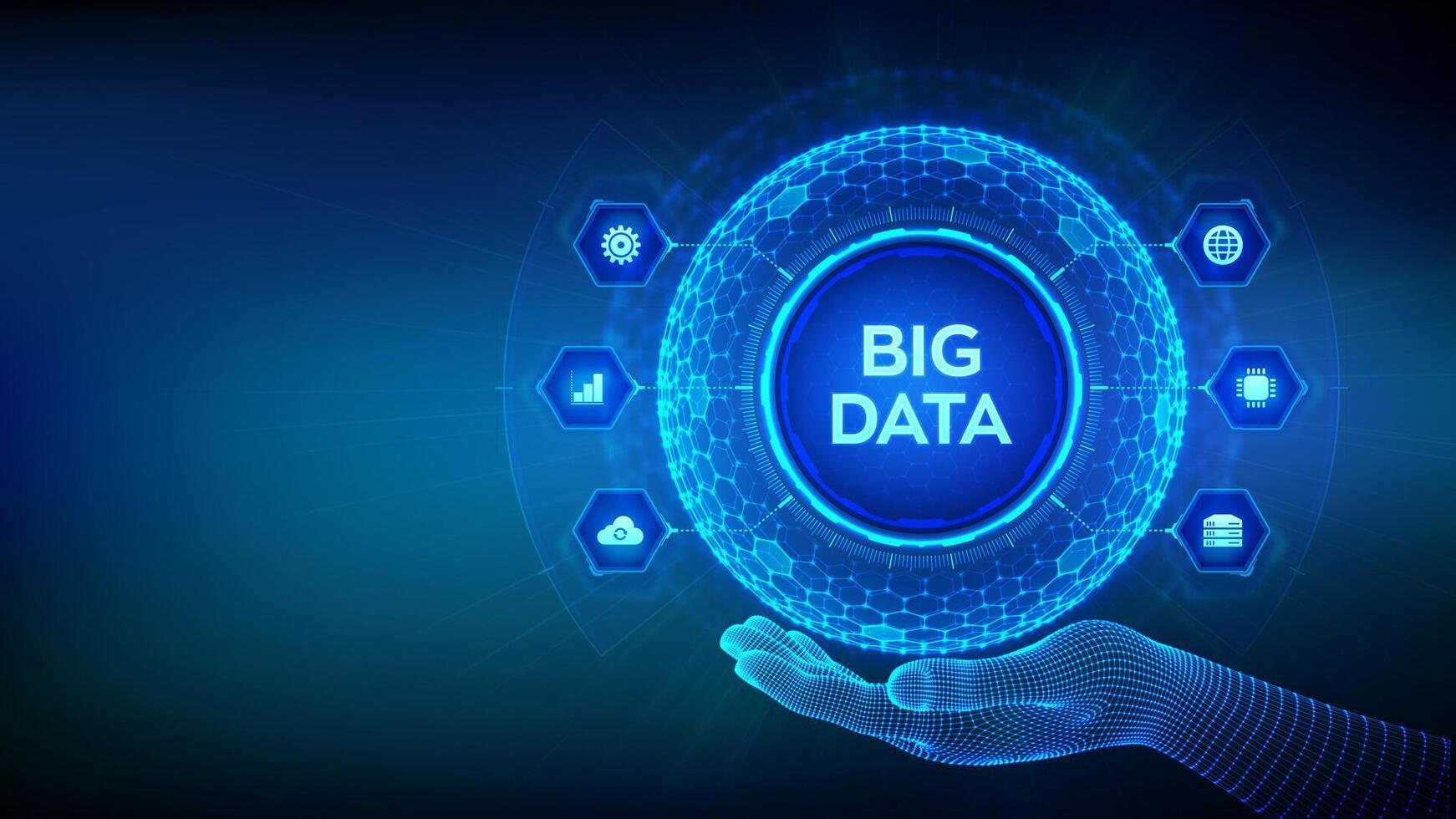 Big data analytics. Big data innovation technology concept. Blockchain network analysis. Artificial intelligence. Hexagonal grid sphere in wireframe hand on blue background. illustration. vector