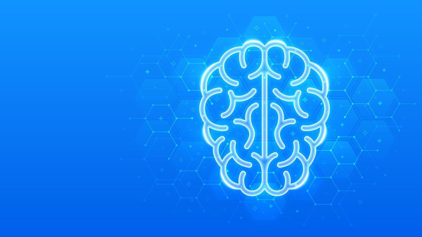 Human brain icon. Brain research. Psychology and Neurology. Physician teaching about alzheimer, dementia disease. Molecular structure. Blue medical background with hexagons. vector