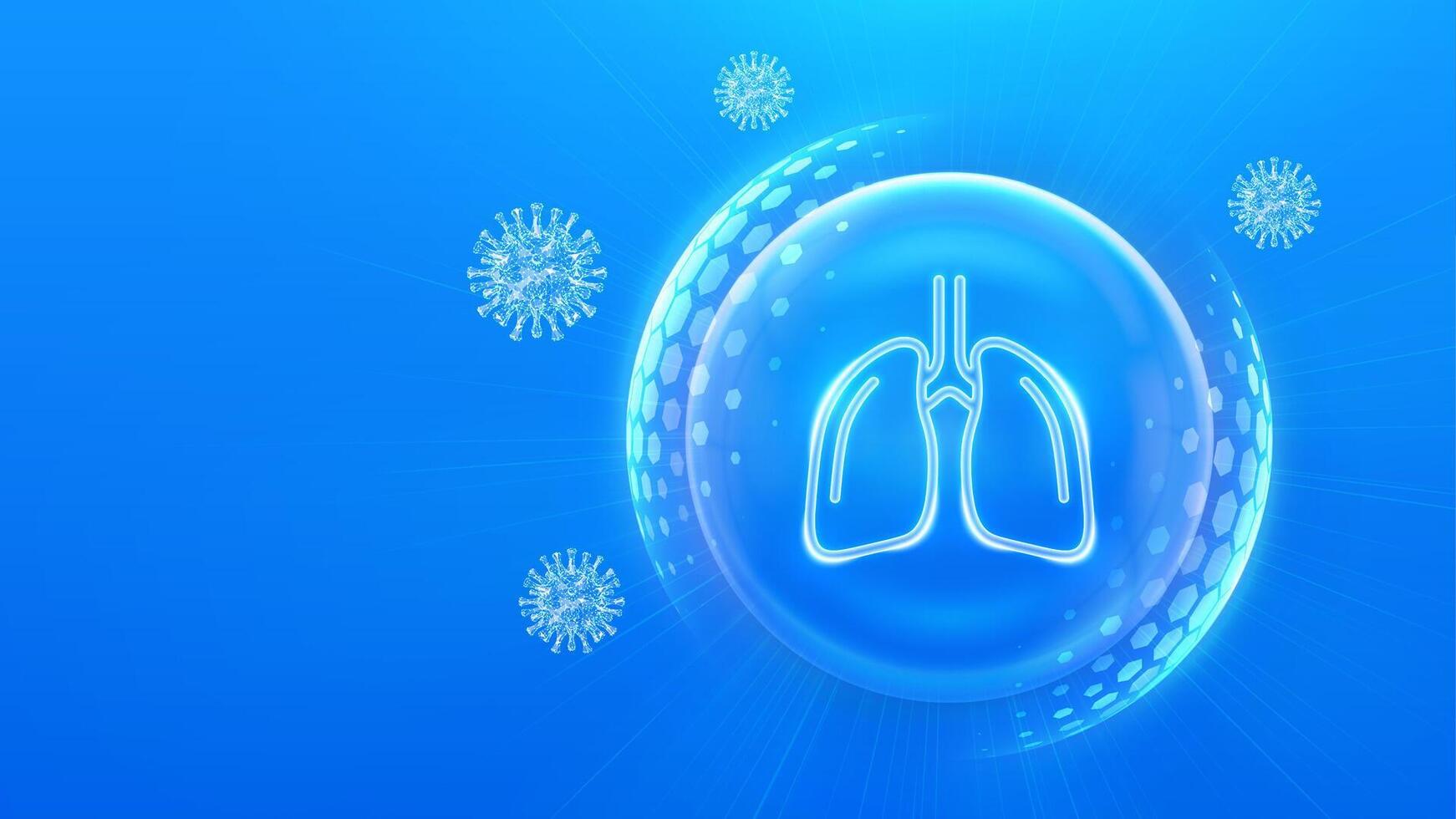 Virus protection. Healthcare. Vaccination. Virus cell. Antibiotic. Protection shield with Check mark icon inside transparent sphere shield with hexagon pattern on blue background. vector