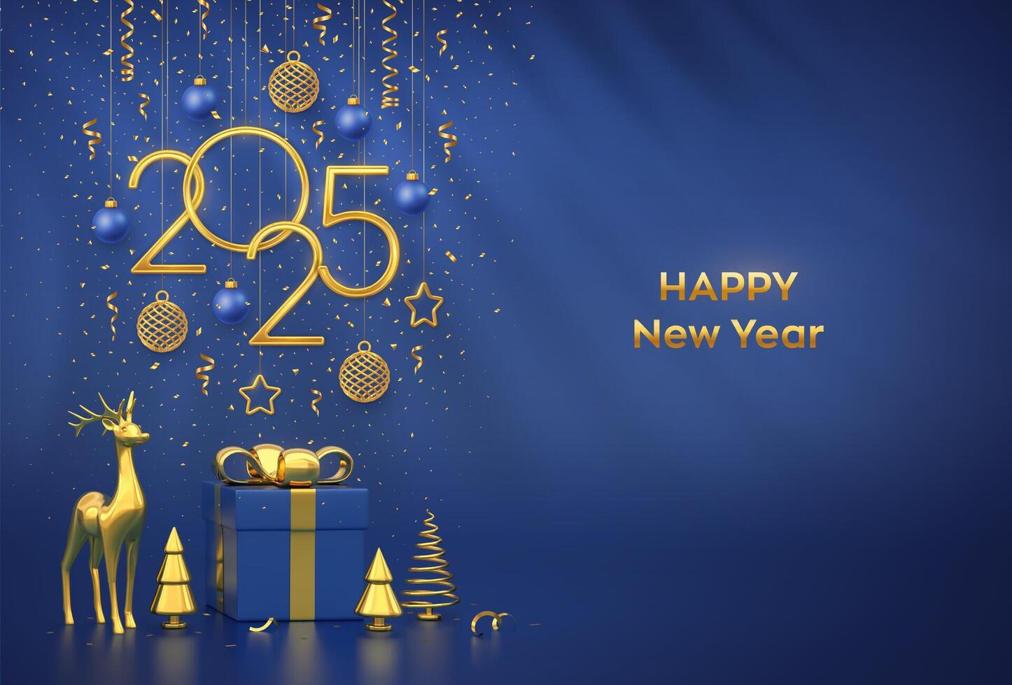 Happy New Year 2025. Hanging golden metallic numbers 2025 with stars, balls and snowflake on blue background. Gold deer, gift boxes, metallic pine or fir, cone shape spruce trees. vector
