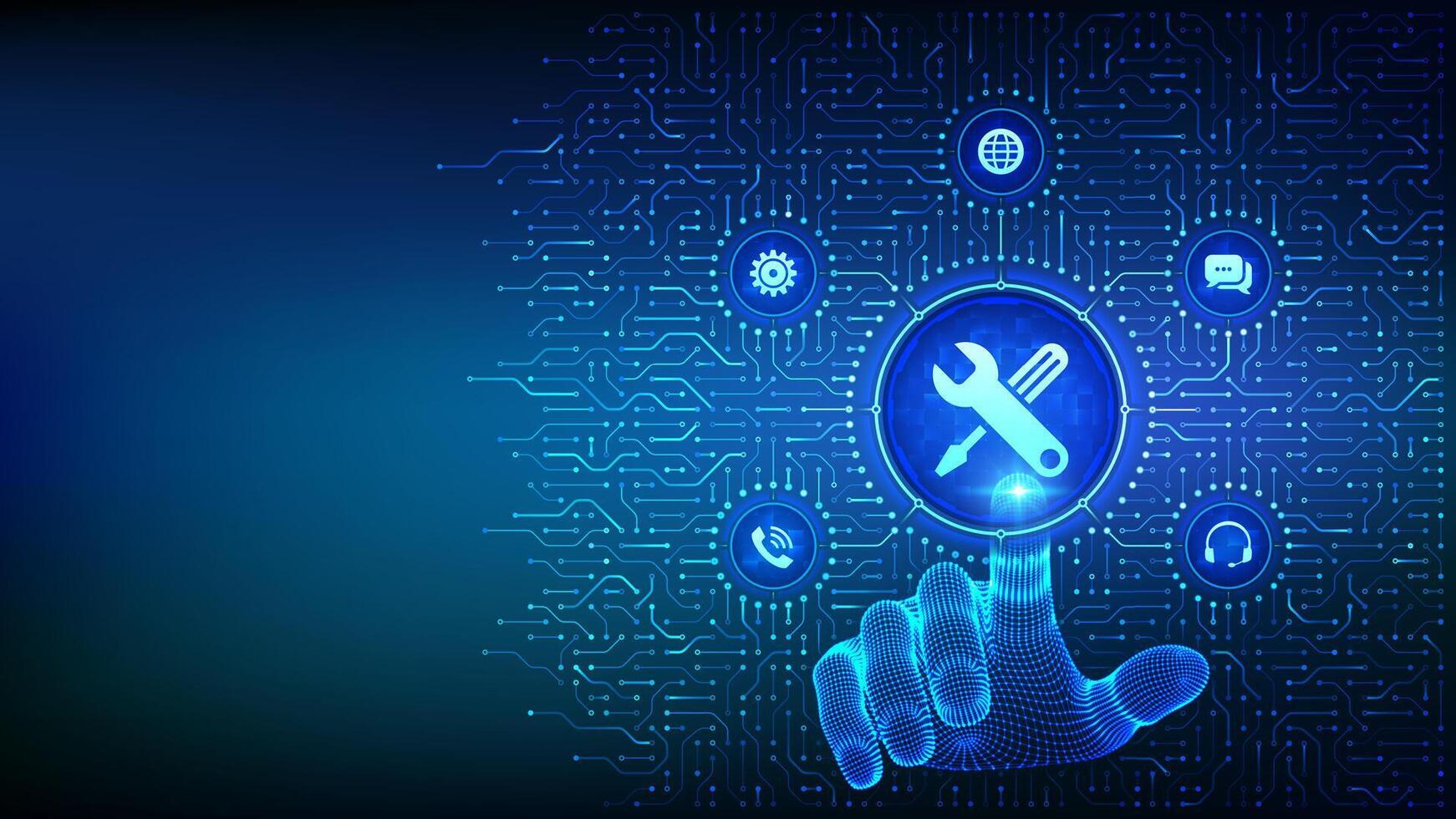 Technical support. Customer help. Online tech support. Customer service technology concept. Background with circuit board connections, tech icons. Wireframe hand pressing button. vector
