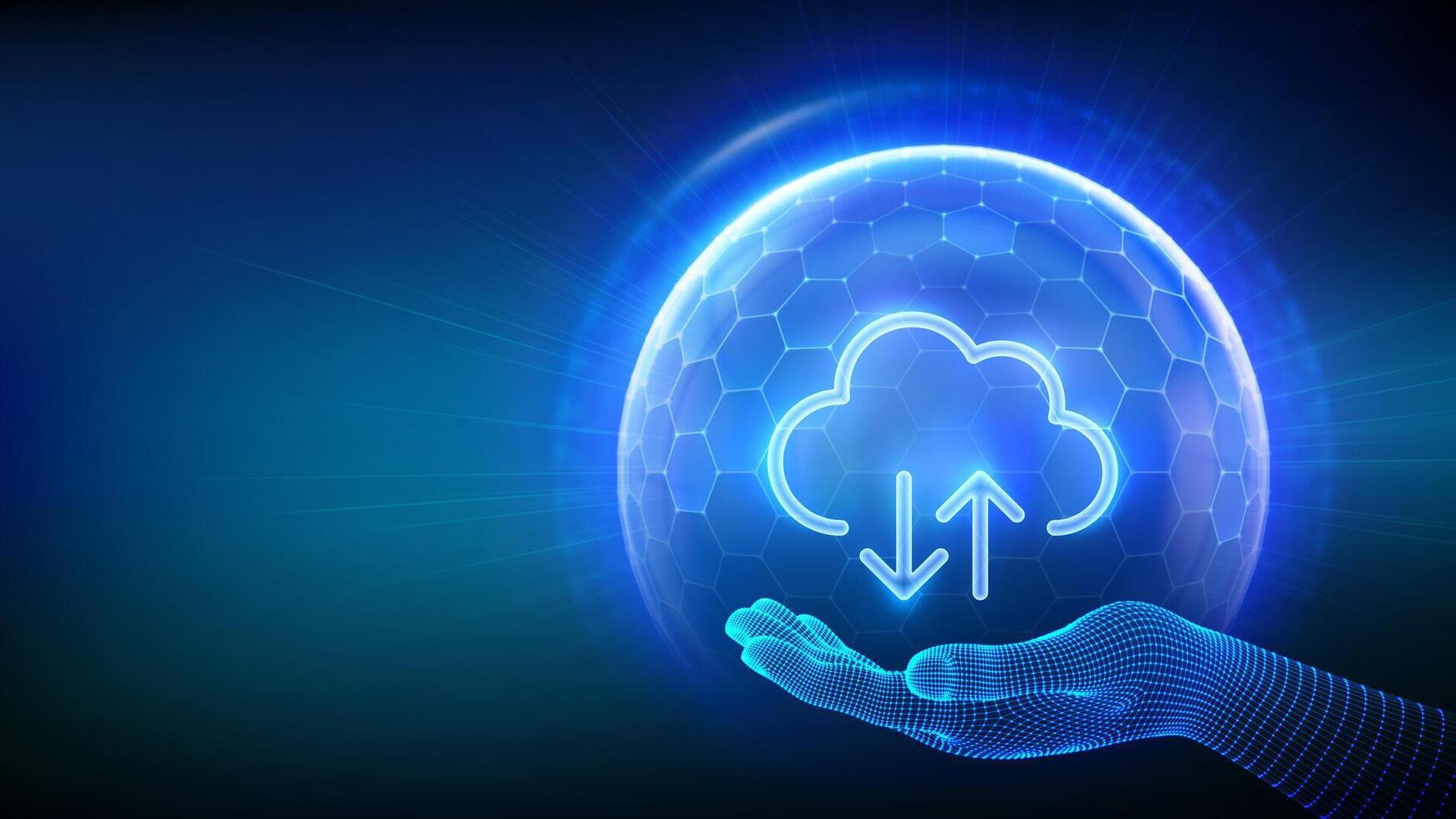 Secure Cloud Storage. Cloud icon inside transparent protection sphere shield with hexagon pattern in wireframe hand. Cloud computing. Database storage, Data center protection. vector