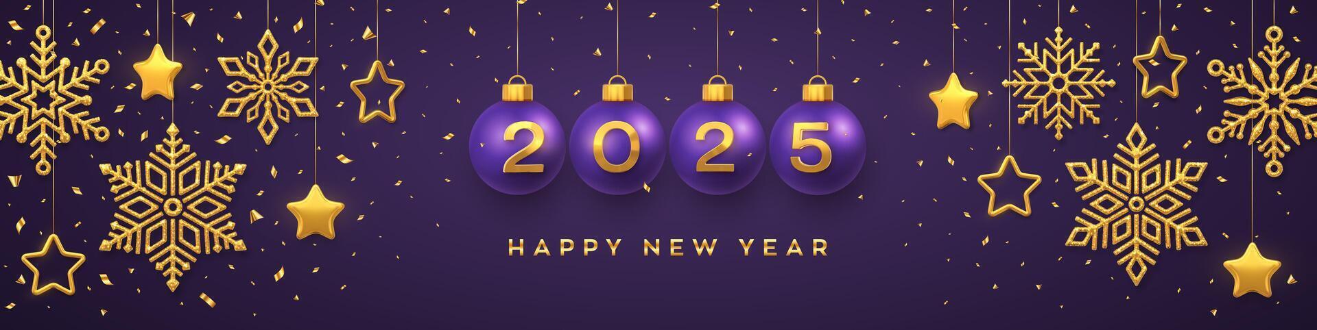Happy New Year 2025. Hanging Purple Christmas bauble balls with realistic golden 3d numbers 2025. Golden snowflakes and 3D metallic stars on red background. Holiday banner, header. vector