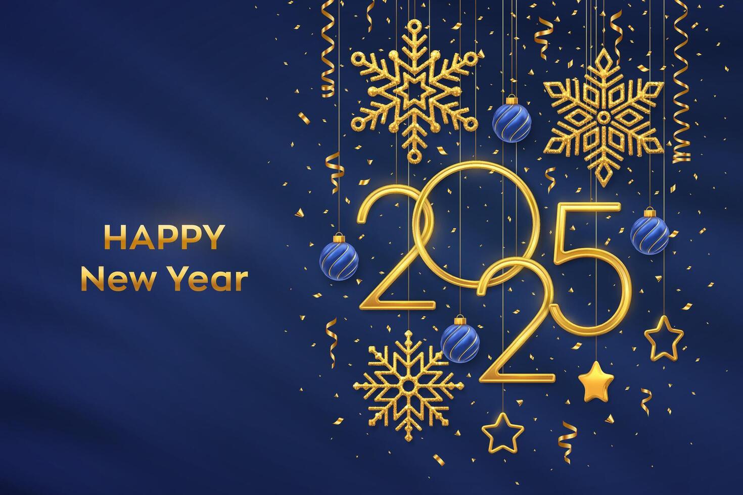 Happy New 2025 Year. Hanging Golden metallic numbers 2025 with shining snowflakes, 3D metallic stars, balls and confetti on blue background. New Year greeting card or banner template. vector