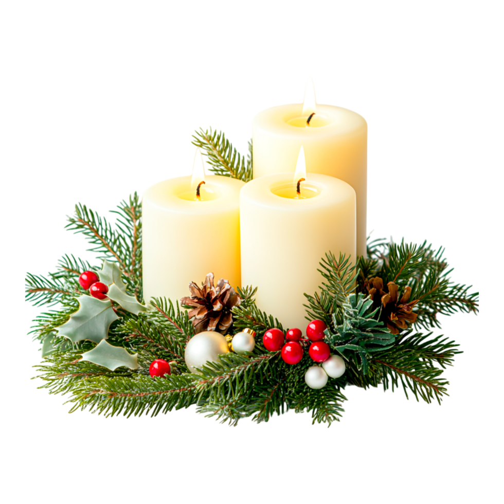 Elegant Candles with Holiday Decorations on Green Wreath png