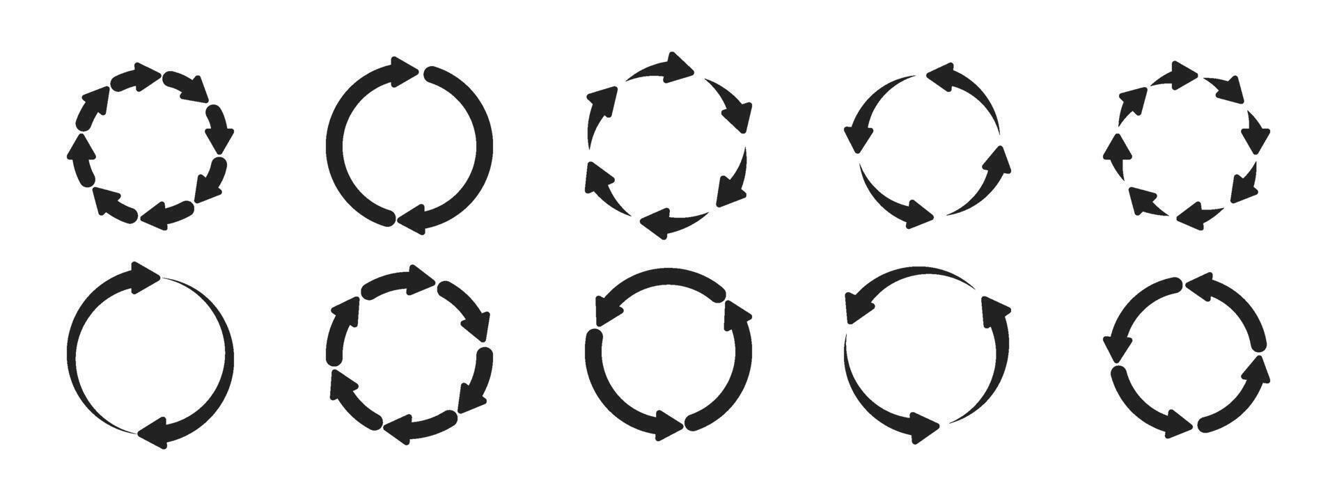 A set of circular arrow icons. Forward icon. Two to eight arrows in a cycle. Symbol of renewal, repetition, recycling. illustration. vector
