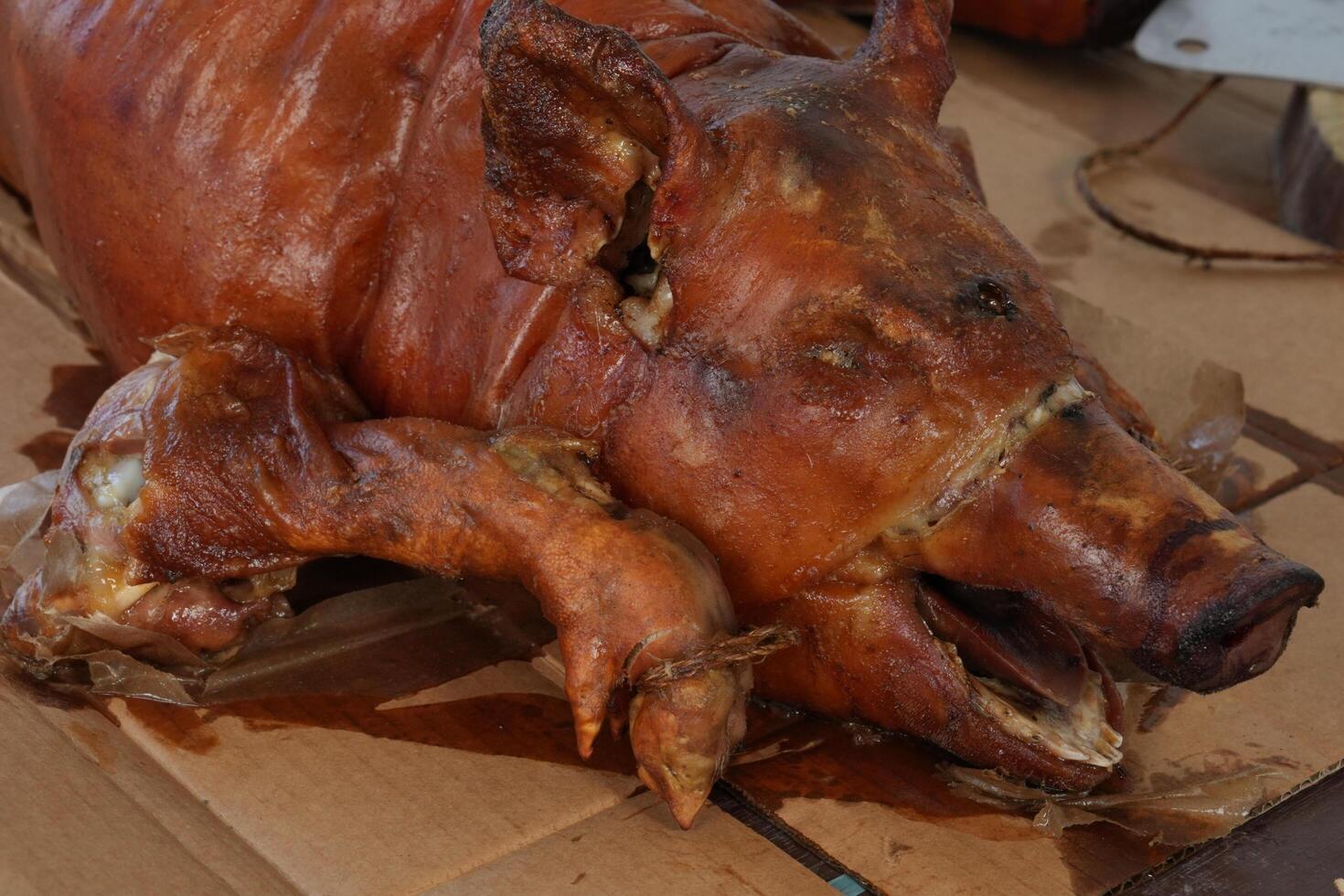 a pig that is cooked and on a table photo