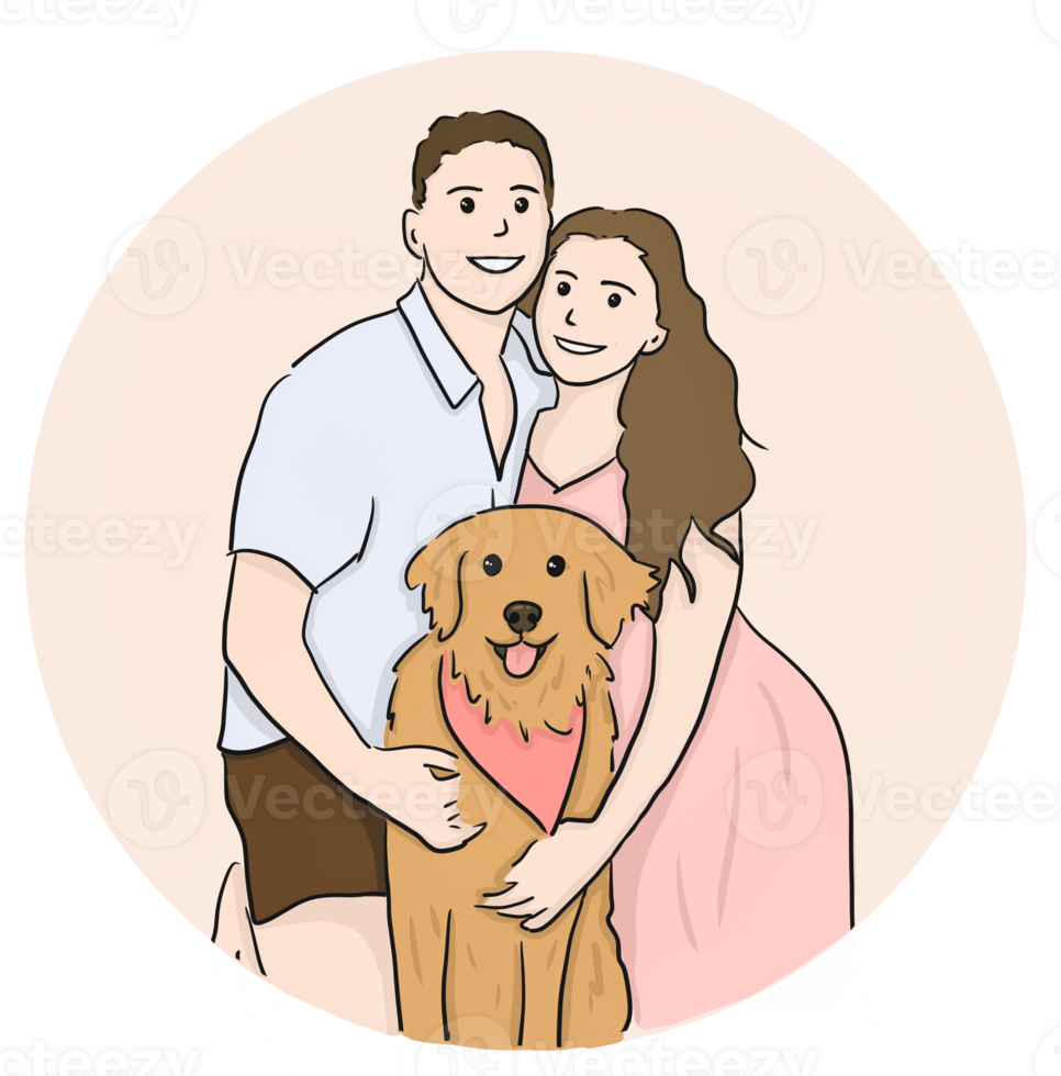 happy romantic couple with golden retriever dog on circle background.Cartoon illustration drawing. png
