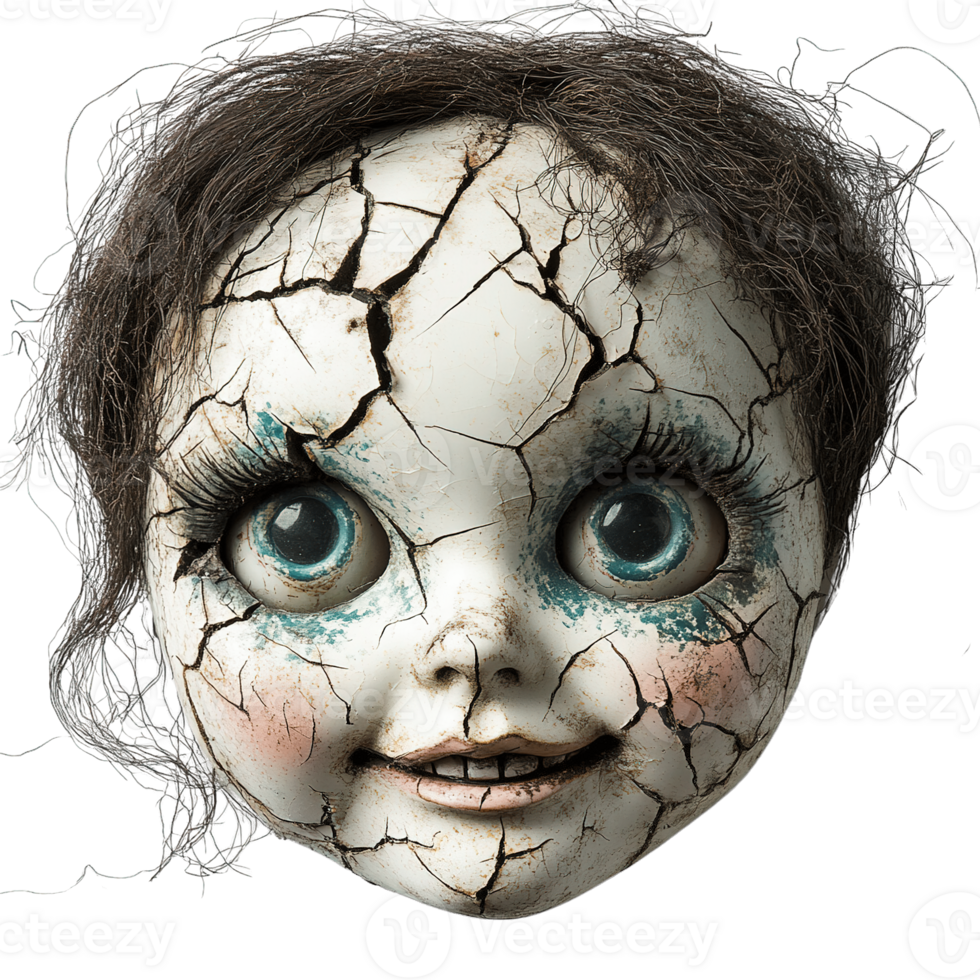 Eerie vintage doll head with broken skin and unsettling smile png