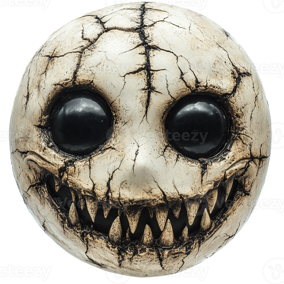Spooky round object with cracked surface and large black eyes png