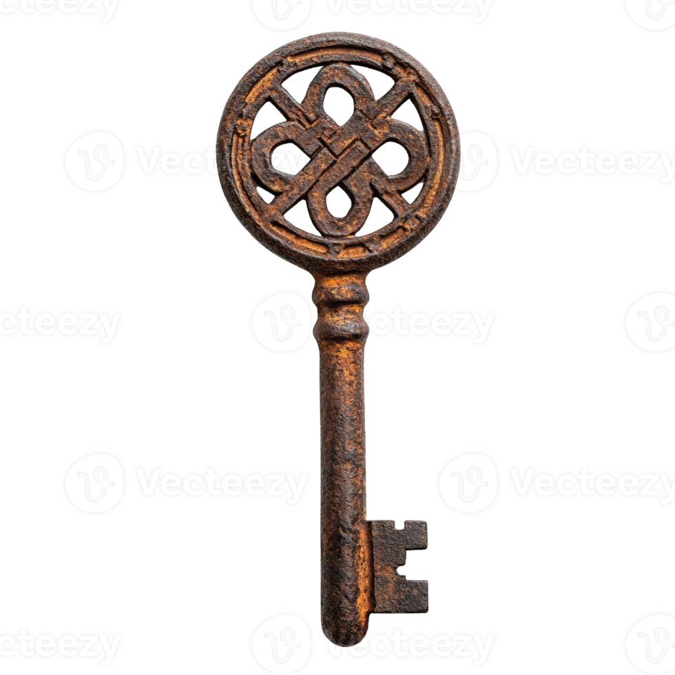 Antique key with ornate bow design and rusted appearance png