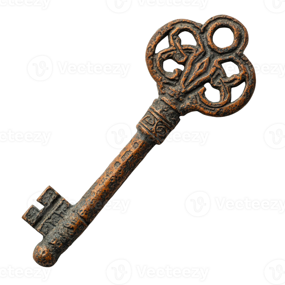 Vintage key with complex bow and aged rusty texture isolated png