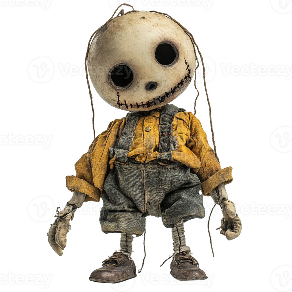 Handmade ragdoll figure with worn texture and dark eyes isolated png