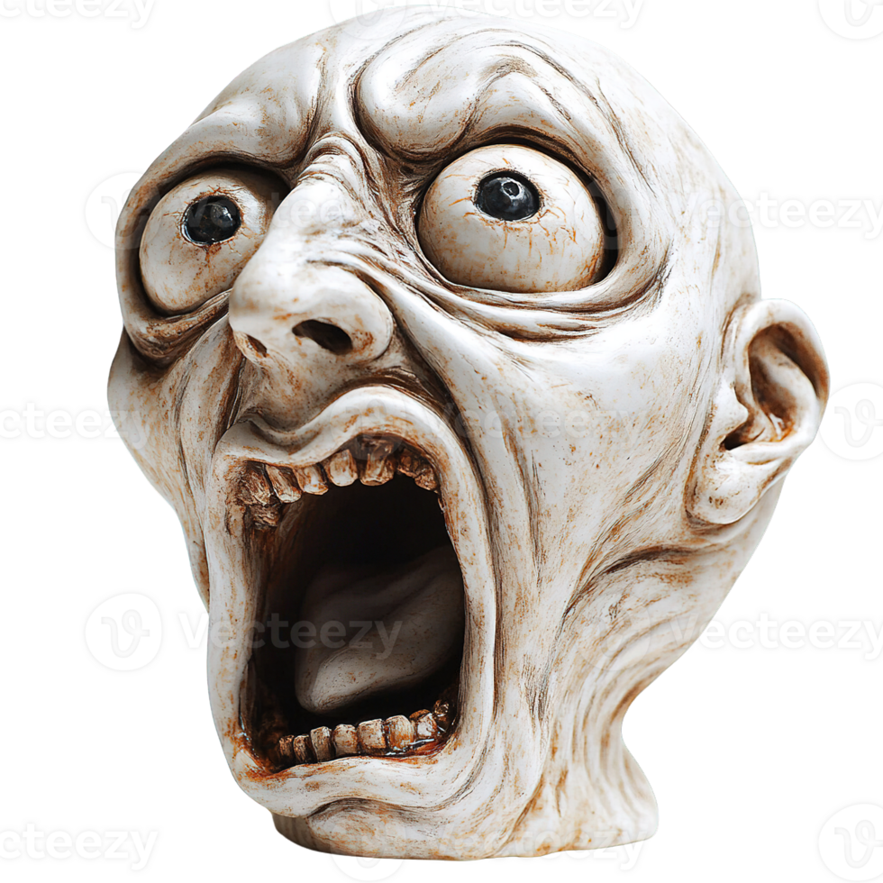 Surreal horror face sculpture with wide eyes and open mouth png