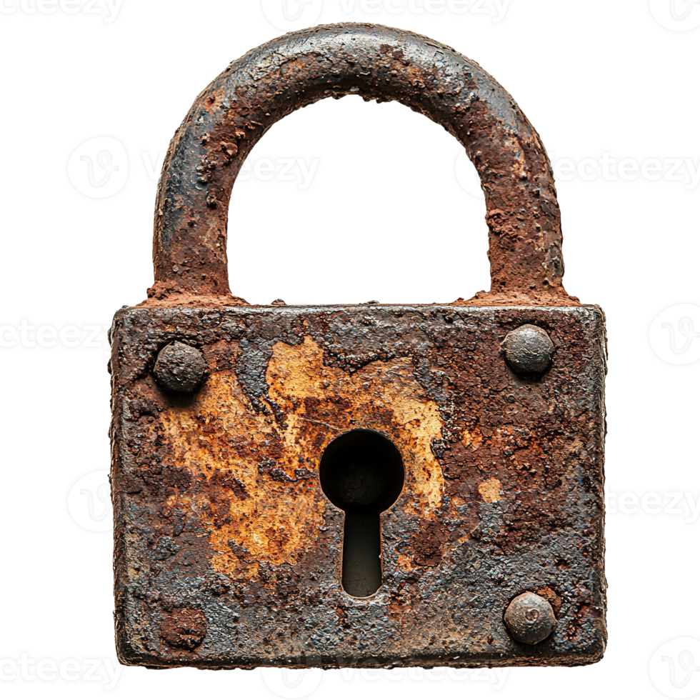 Old rusted padlock with solid rectangular body and curved shackle png
