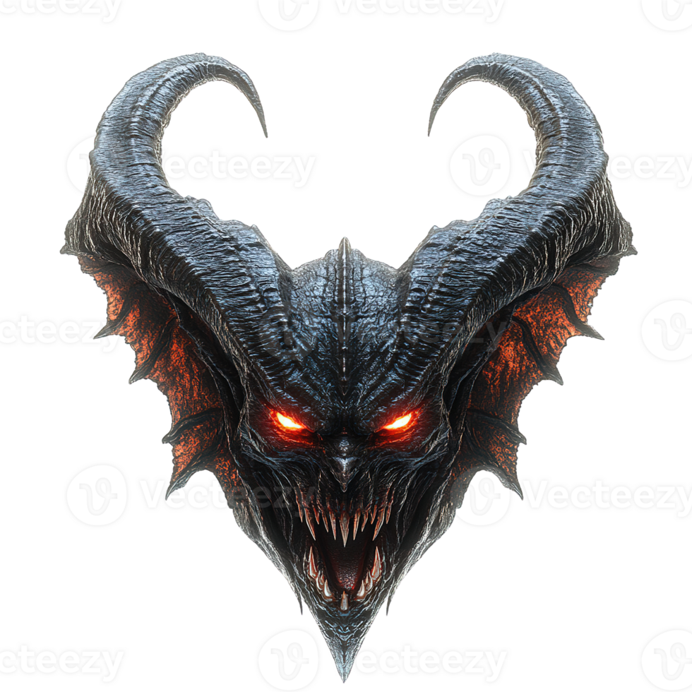 Hellish monster head with blazing light and menacing expression png