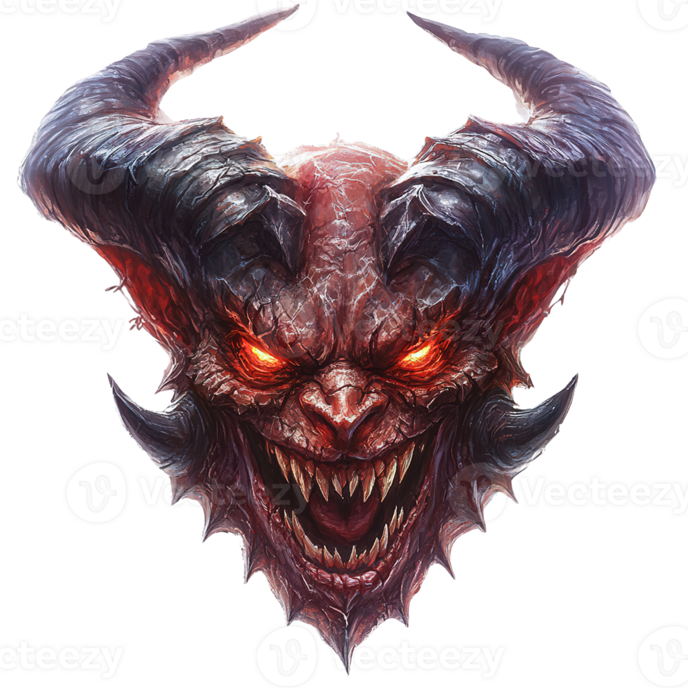 Flaming demon face with fiery gaze and sharp horns isolated 51089129 PNG
