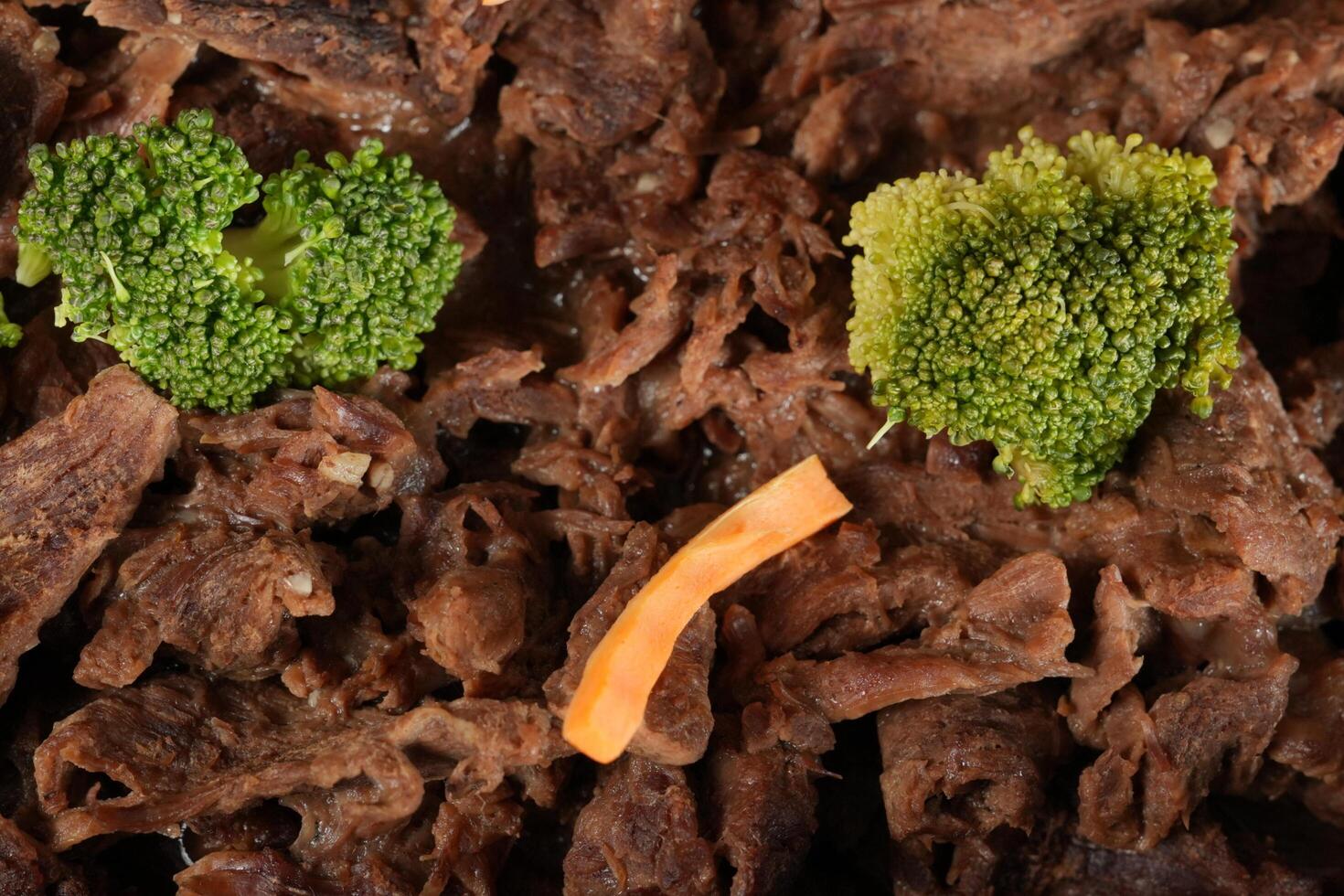 a piece of broccoli and a carrot on a piece of meat photo