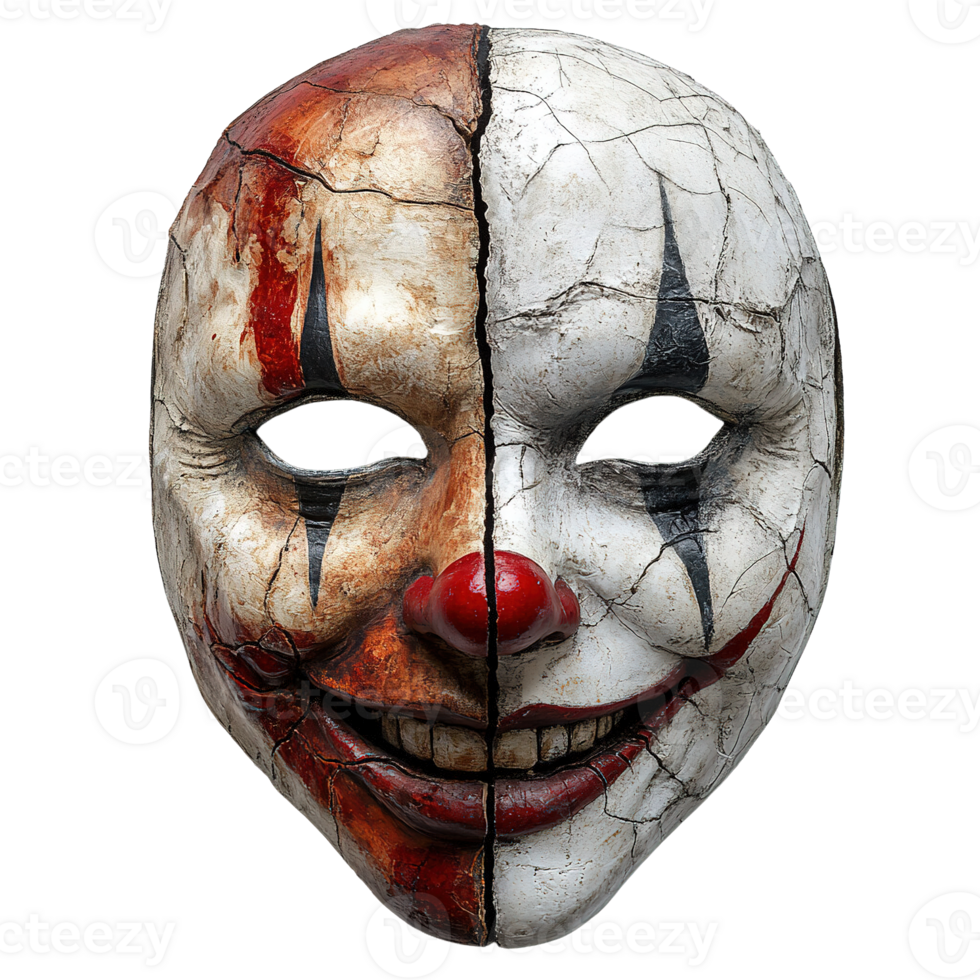 Scary clown mask with distressed surface and menacing smile isolated png