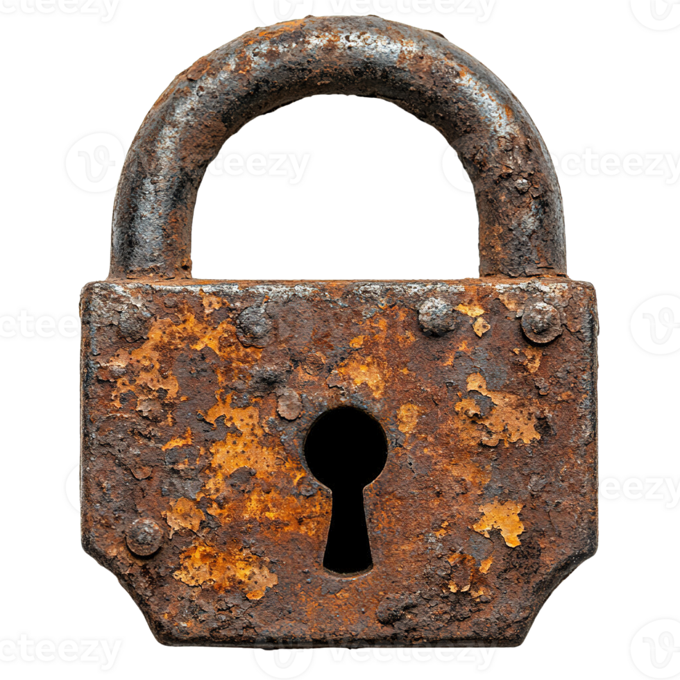Close up of corroded padlock with aged metal and rusted surface png