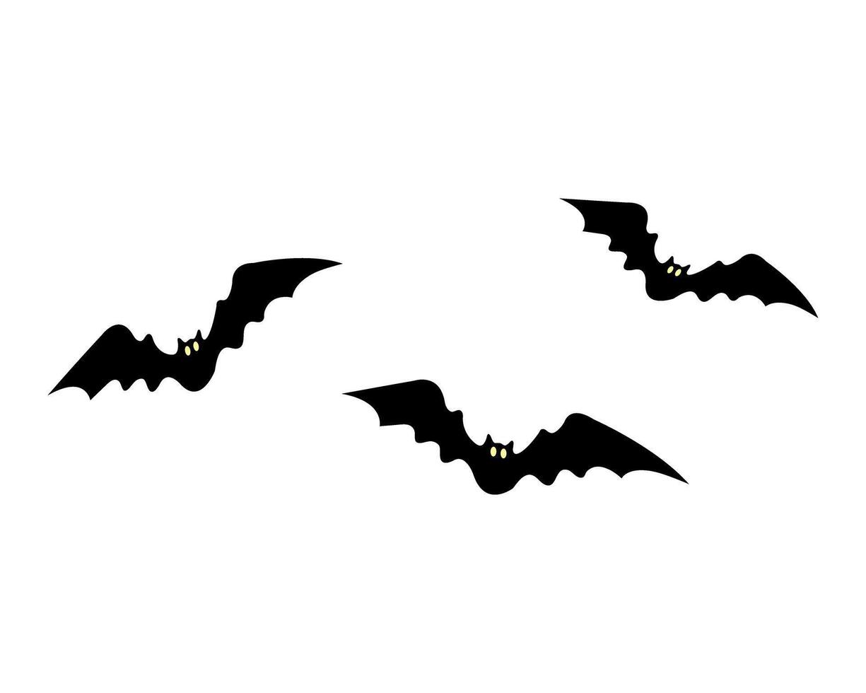 Three black bats with yellow eyes hover against a white background, their wings spread wide in flight. For Halloween decoration or themed design. vector
