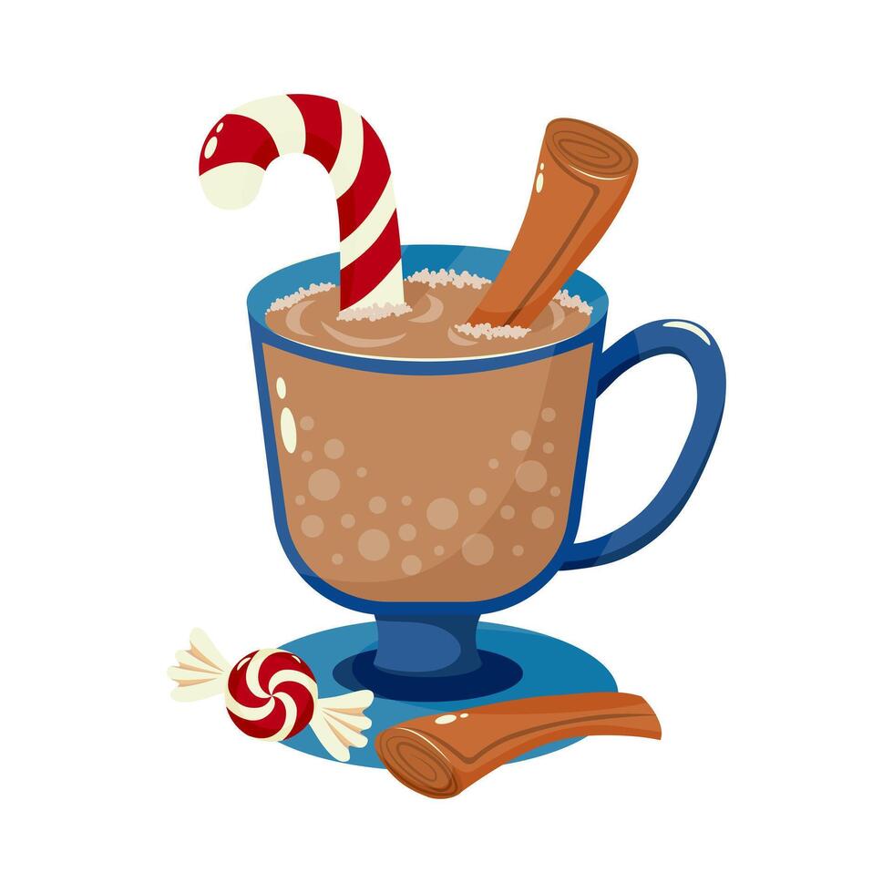 Hot chocolate in a blue mug with cinnamon sticks and a peppermint candy cane. Festive winter drink illustration perfect for seasonal design. vector