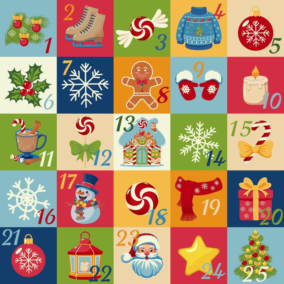 Advent calendar illustration featuring 25 colorful squares, each with a unique Christmas themed icon. For seasonal design, holiday project, and festive decoration concept. vector