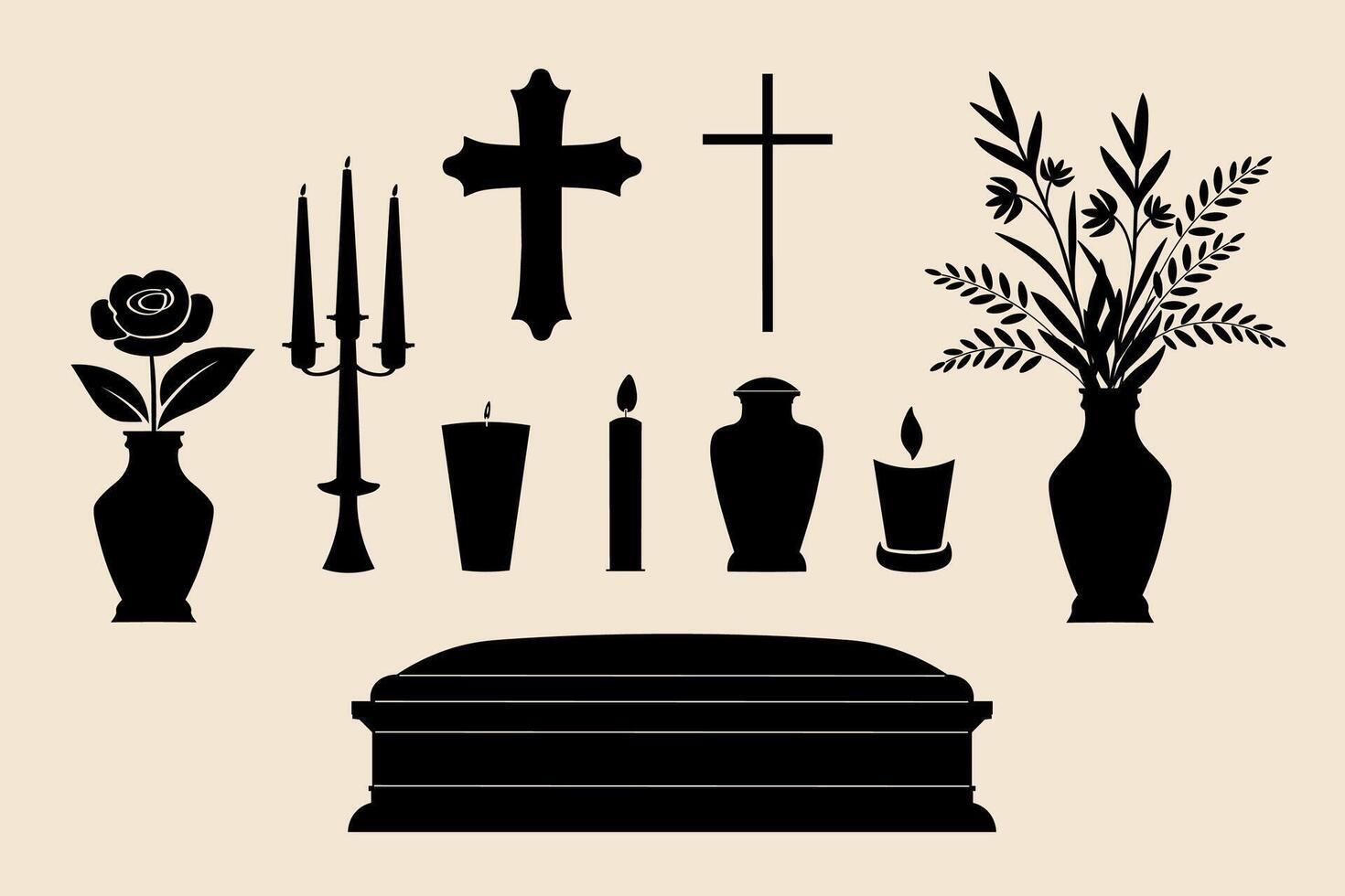Funeral icons. Silhouette illustration with Cross, coffin, candlestick, bouquet in a vase, flower, urn for ashes cremation, candles. Design elements for Morning wishes, condolence, invitation vector