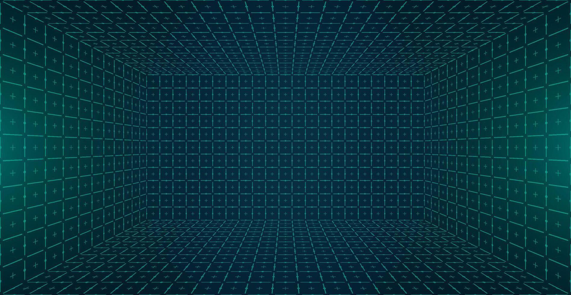 Futuristic perspective HUD grid box. Abstract wireframe with green grid lines on dark background. Inspired 80s and 90s digital style GUI FUI design. Virtual reality landscape. Retro future aesthetic vector