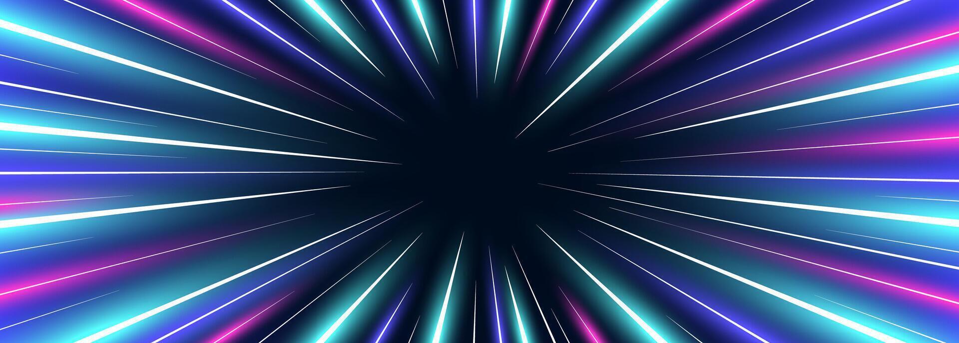 Neon stripes shaped like swirling drill, illustrating high speed concept. Depicting motion on road. Abstract background features dynamic blue and purple neon glow colors, highlighting speed and energy vector