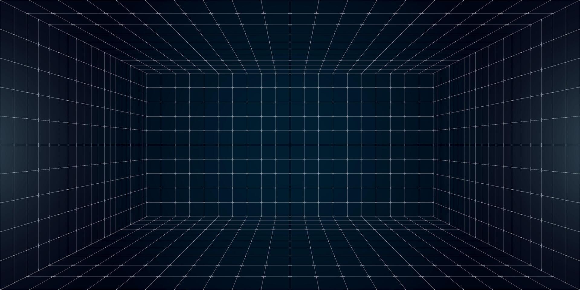 Futuristic perspective grid box featuring abstract wireframe design with white grid lines on dark background. 80s and 90s digital aesthetic. Captures virtual reality landscape in retro future style vector
