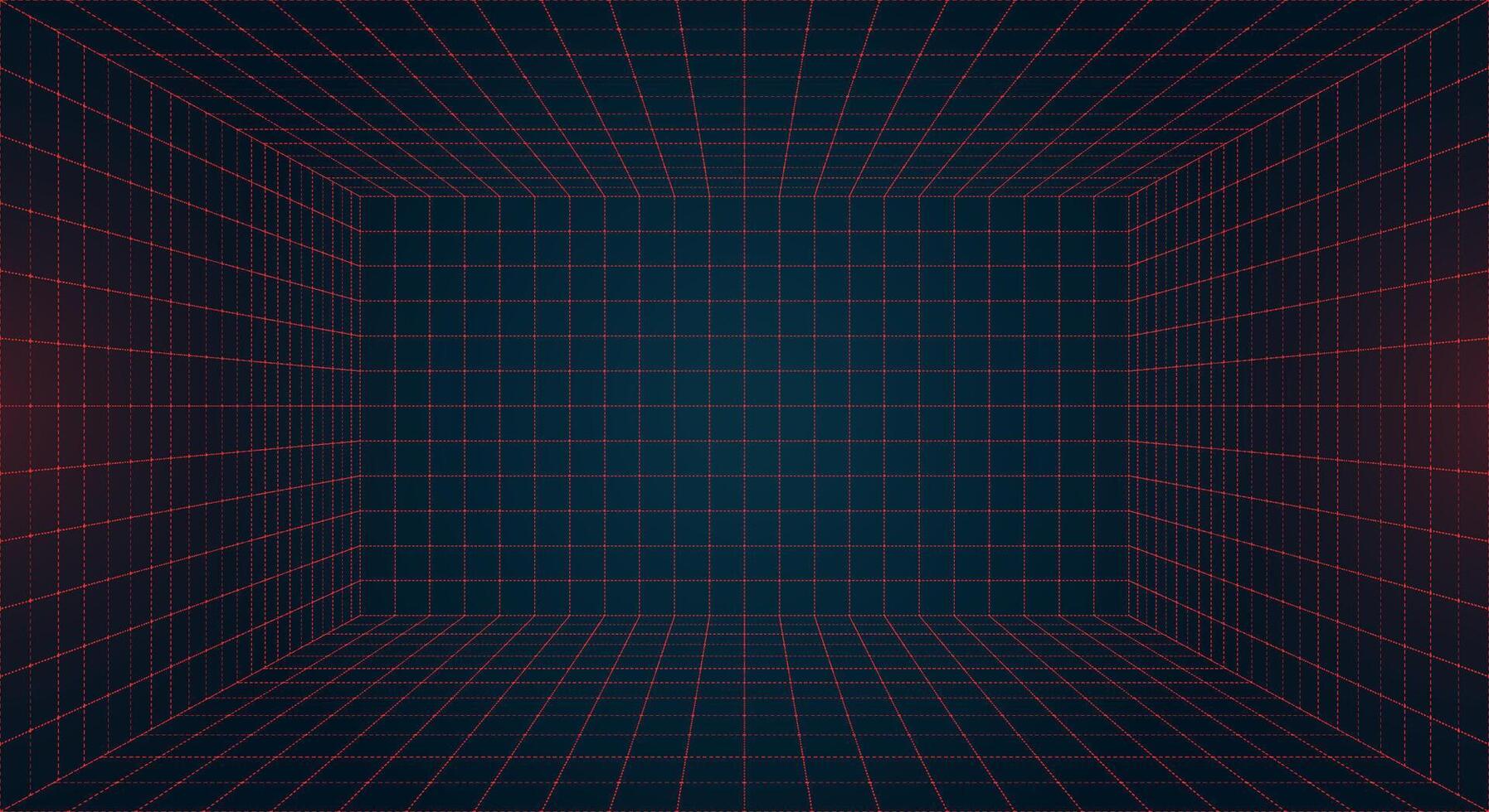 Futuristic perspective HUD grid box with abstract wireframe design. Red grid dotted lines on dark blue background. Virtual reality landscape inspired 80s and 90s digital aesthetic. Retro future visual vector