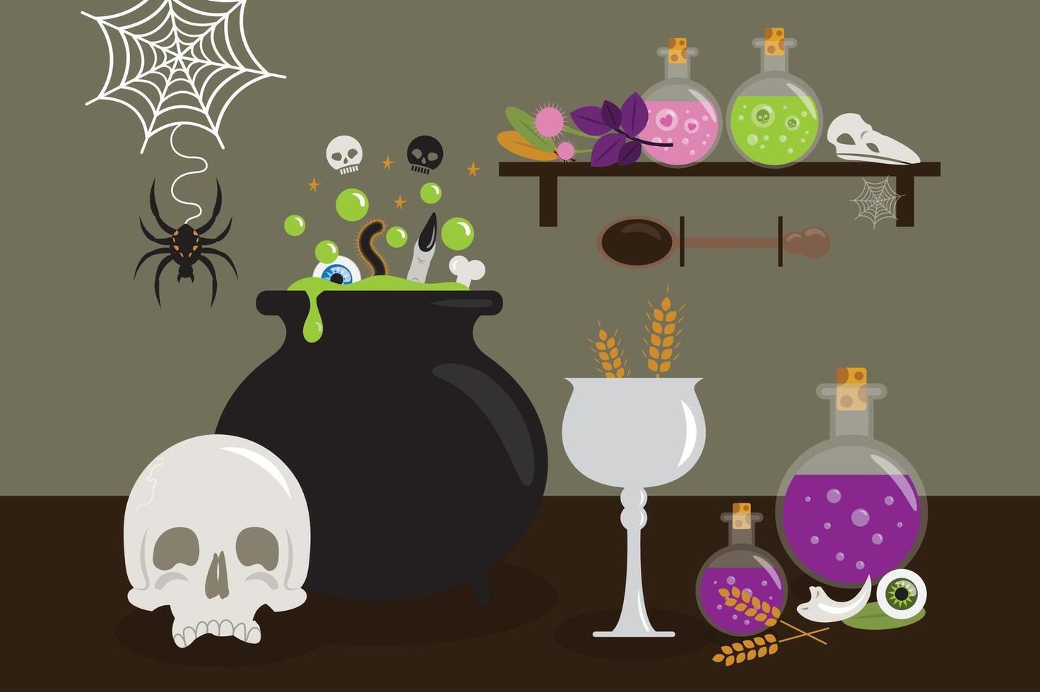 Witches Kitchen Scene, Cauldron and Potions and Poisons, Skull and Bones, Spider, Halloween Spell Casting vector