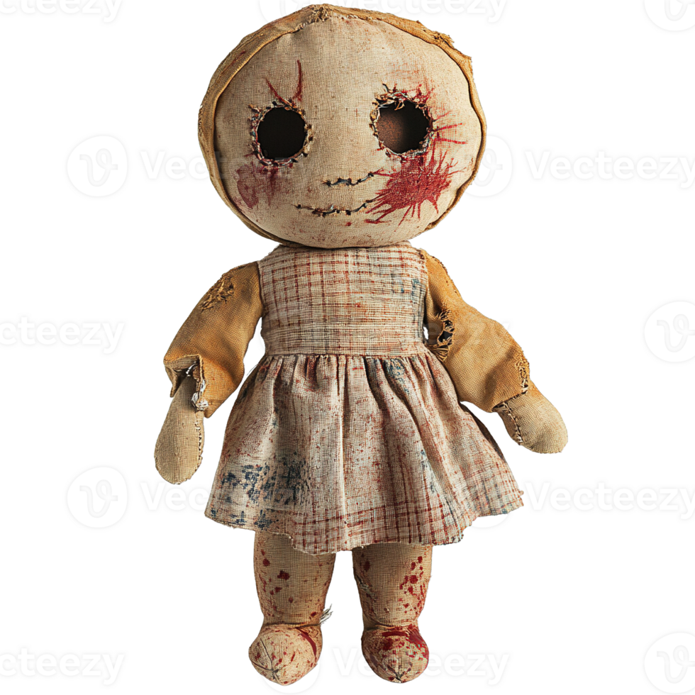 Creepy doll with black button eyes and blood stains isolated png