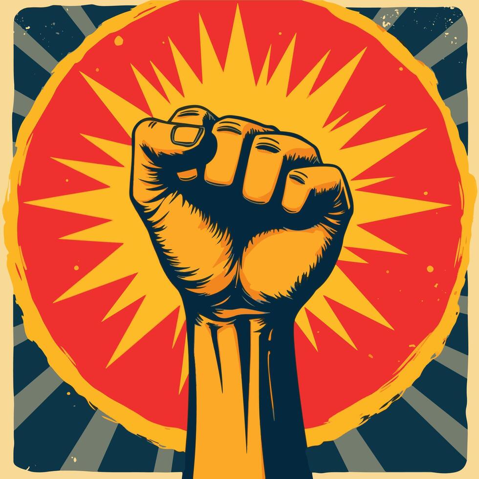 Revolution hand with a clenched fist, 80's retro vintage poster style. vector