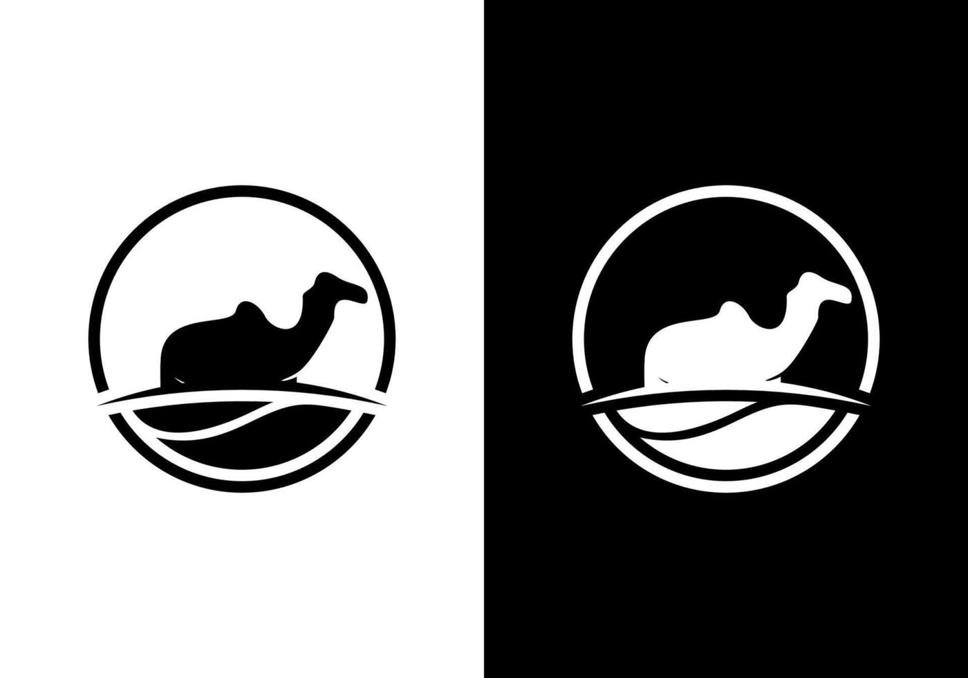 A camel is walking in the desert with the silhouette element of a camel. The logo is in the form of a link in which there is a camel silhouette. vector