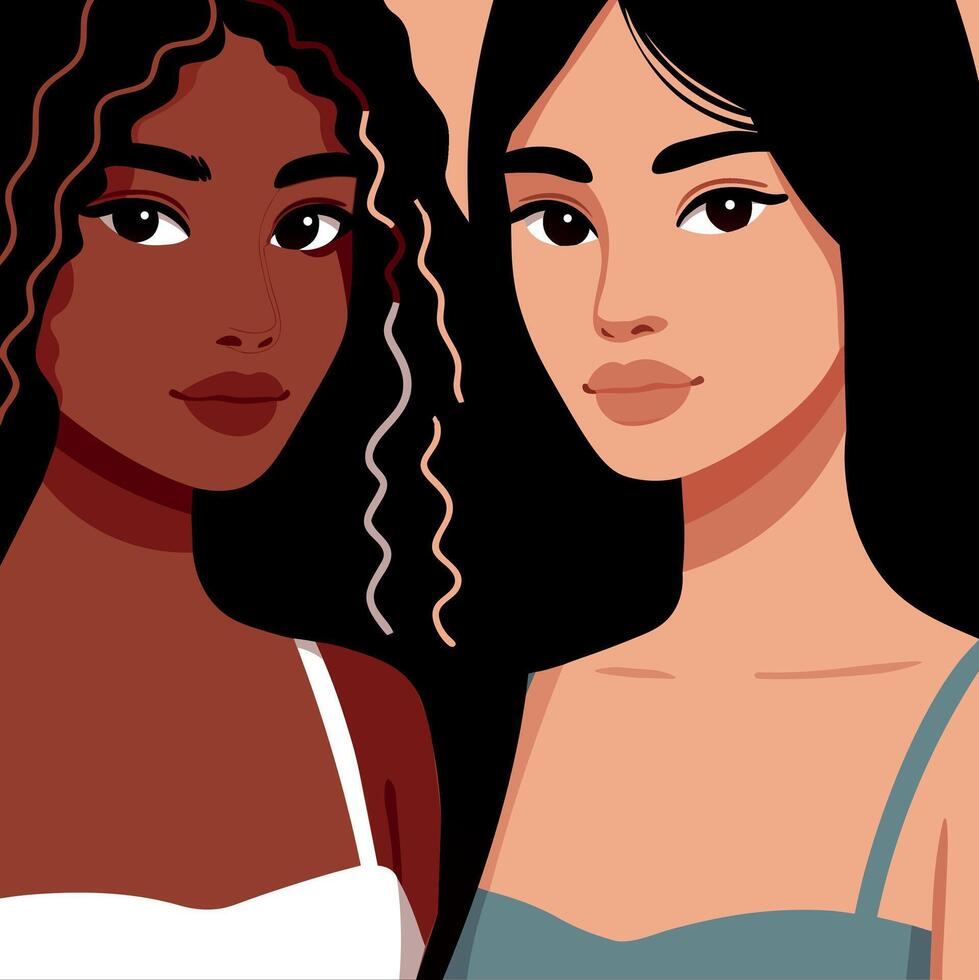 Portraits of two young women, one with dark skin and the other with light skin vector
