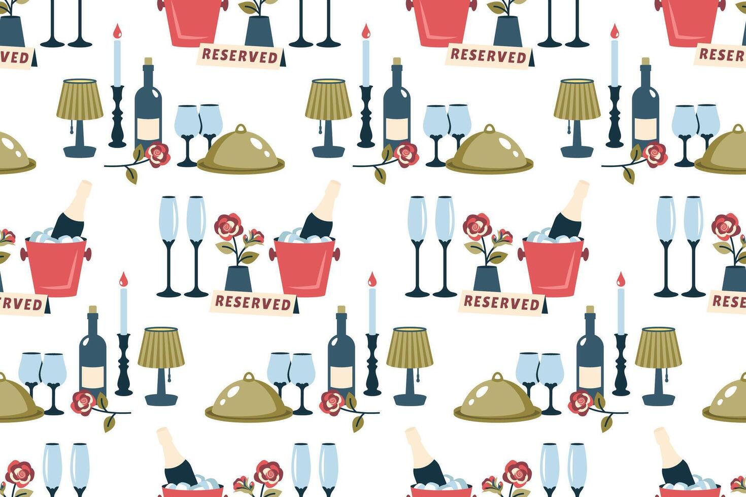 Romantic background. Reserved tables for two. Valentines seamless pattern. Romantic dinner with cutlery, wineglasses, champagne, candles, rose, nightlight. Romantic setting. flat illustration vector