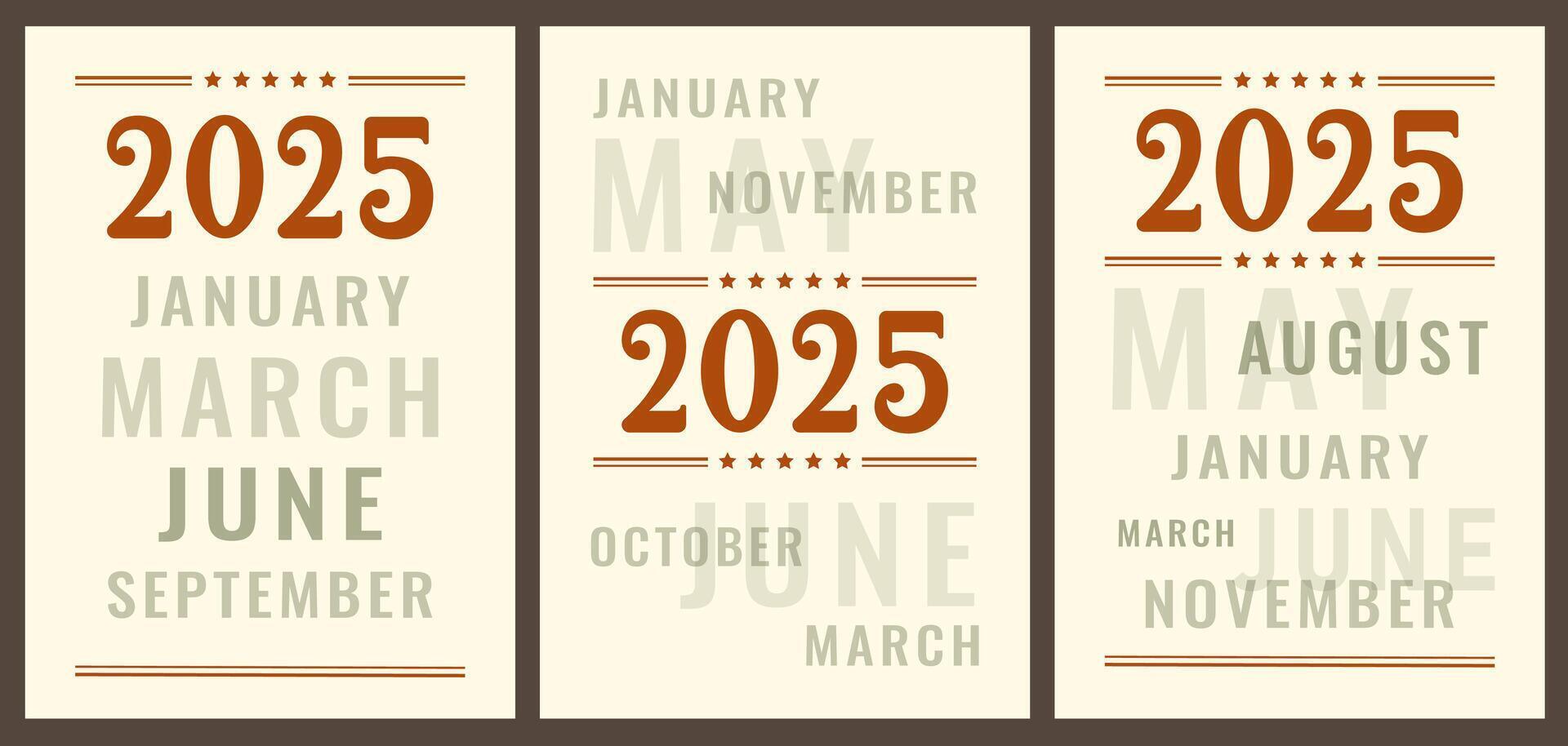 Set of Calendar covers. Calendar 2025. Vertical retro Calendar template in Minimalistic style for print. First pages template for business, printable wall, monthly, desktop calendar. vector