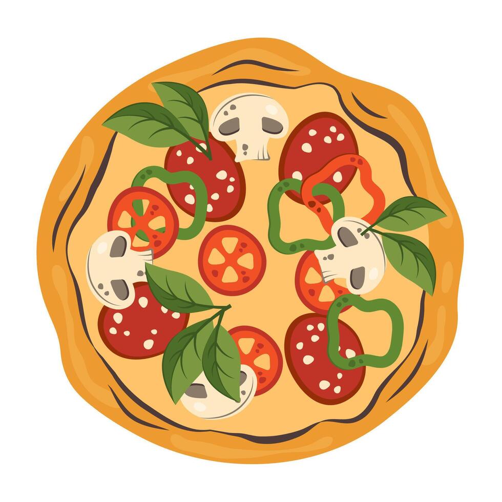Pizza isolated on white background. Pepperoni pizza with mushrooms slice, sausage, pepper, tomatos, basil. Delicious Italian fast food with melted cheese. flat illustration for delivery, cafe vector