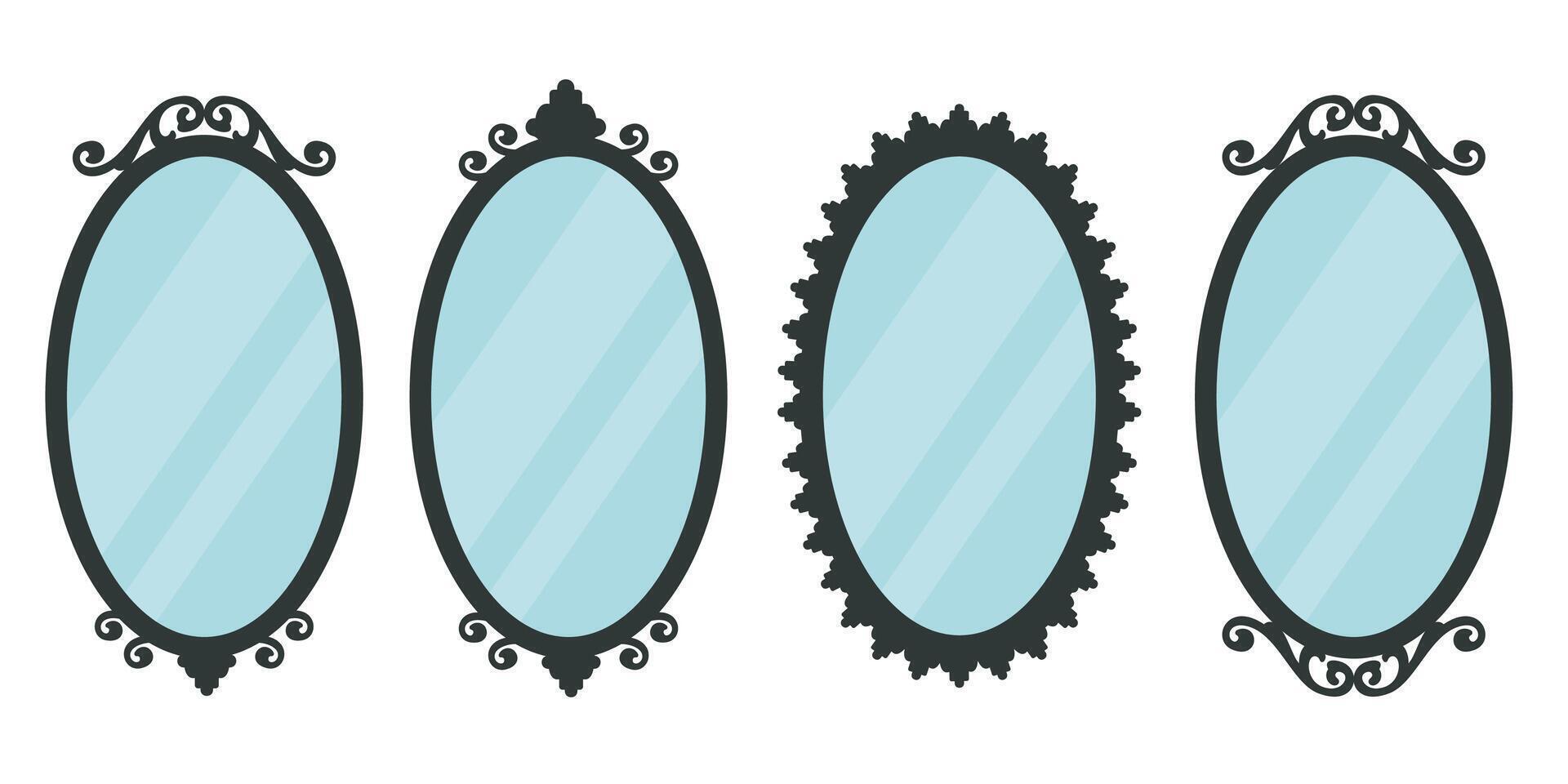 Set of vintage mirrors isolated on white background. Mirrors icon. Retro looking glass with elgant antique frames. Luxury classic home furniture in antique style. illustration vector