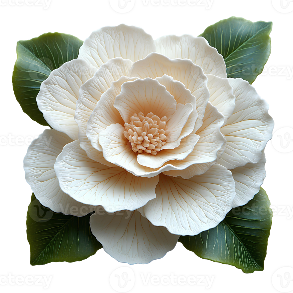 White camellia flower top view , flat lay design, isolated on transparent background. Elegant camellia flower with green leaves png