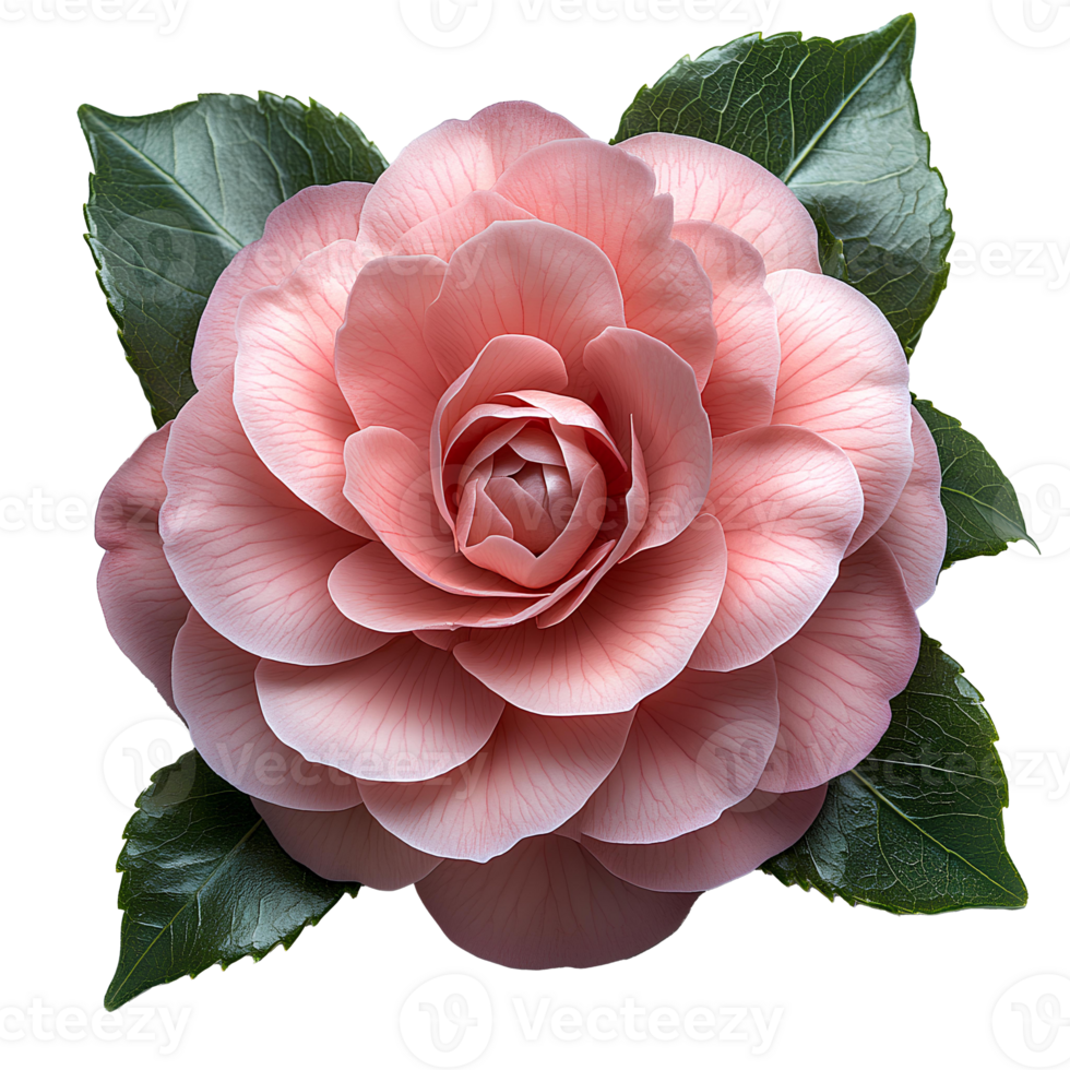 Pink camellia flower top view , flat lay design, isolated on transparent background. Elegant camellia flower with green leaves png