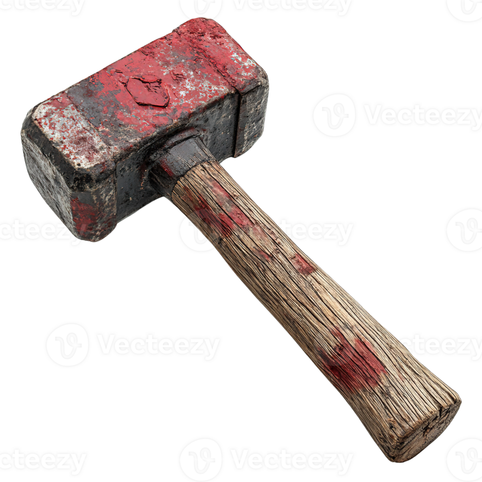 Horror style bloodied hammer with splattered blood and aged wooden handle isolated png