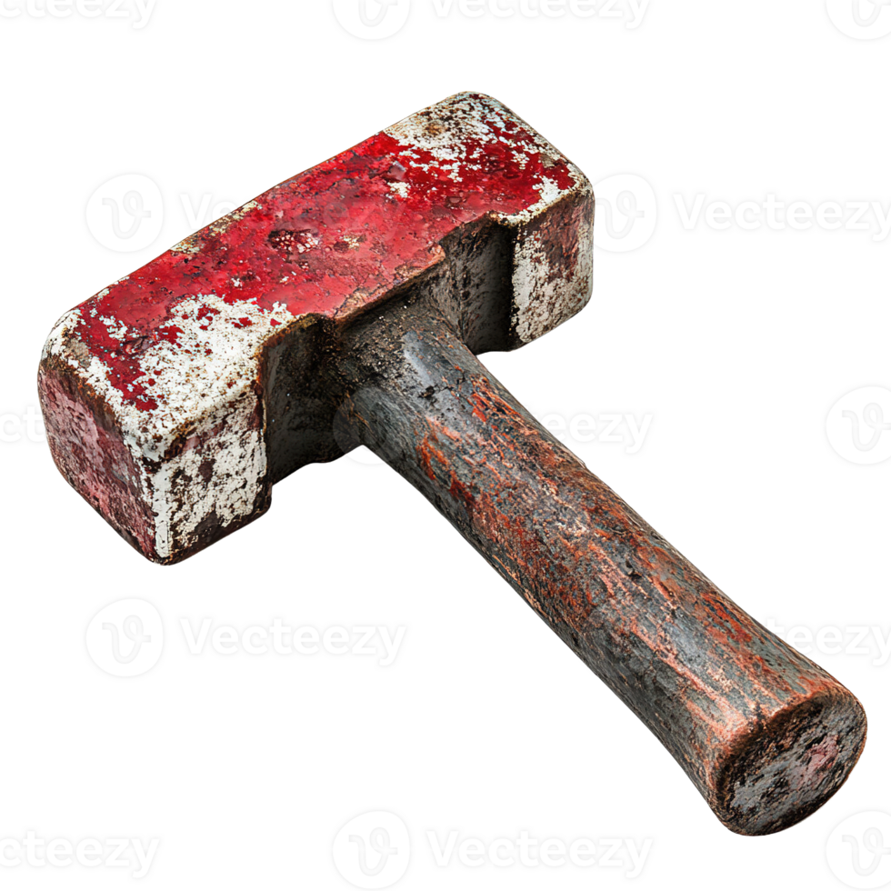 Vintage sledgehammer with red stains and decaying texture isolated png