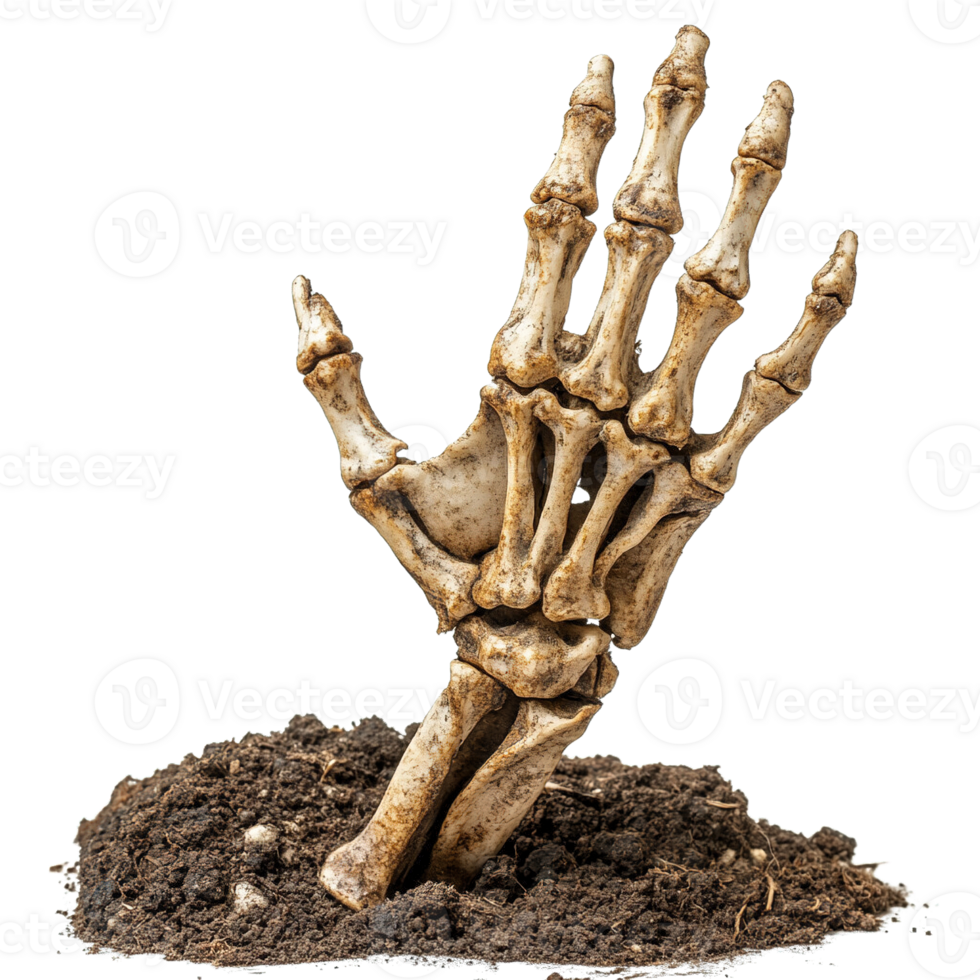 Horror themed skeleton hand reaching out from underground with realistic soil details png